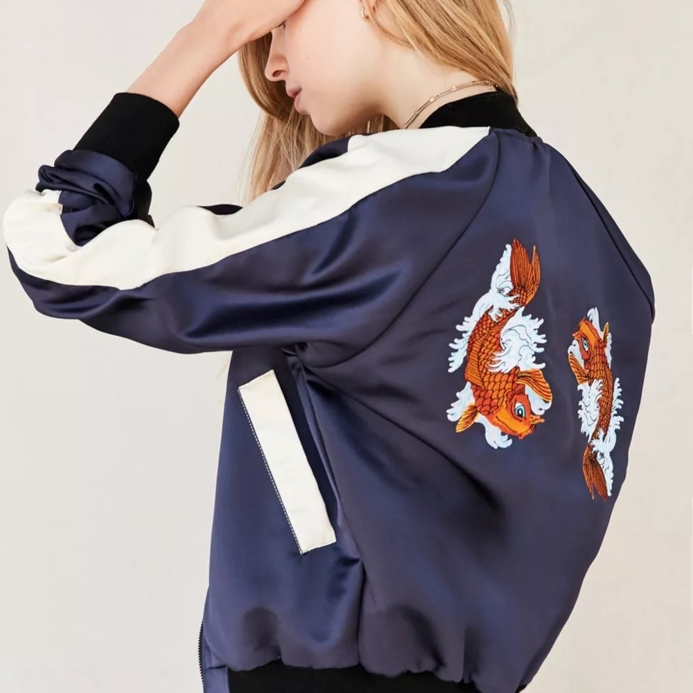 Embroidered Koi Fish Bomber Jacket Made in England Japanese Unique
